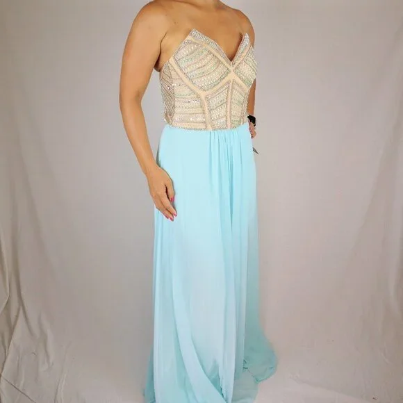 NWT Terani Couture Strapless Blue Gold Jeweled Formal Gown $495